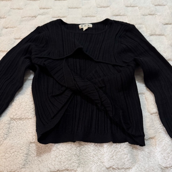 POL Black Tan Fitted Ribbed Long Sleeve Crop Top, Twist Front, Women’s Small NWT - Picture 2 of 5